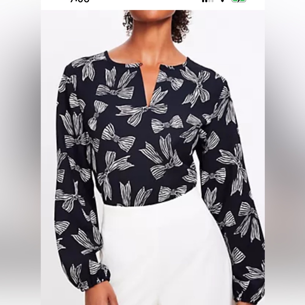 NWT LOFT sXL adorable blk bow top-boxy cut-slightly cropped-silky poly crepe